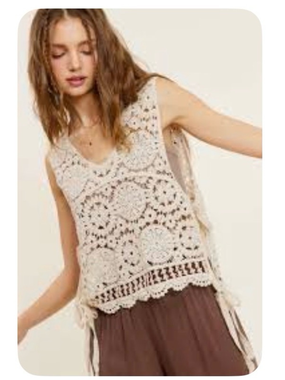 LA MIEL Beige Crochet Tie-Side Tank Top